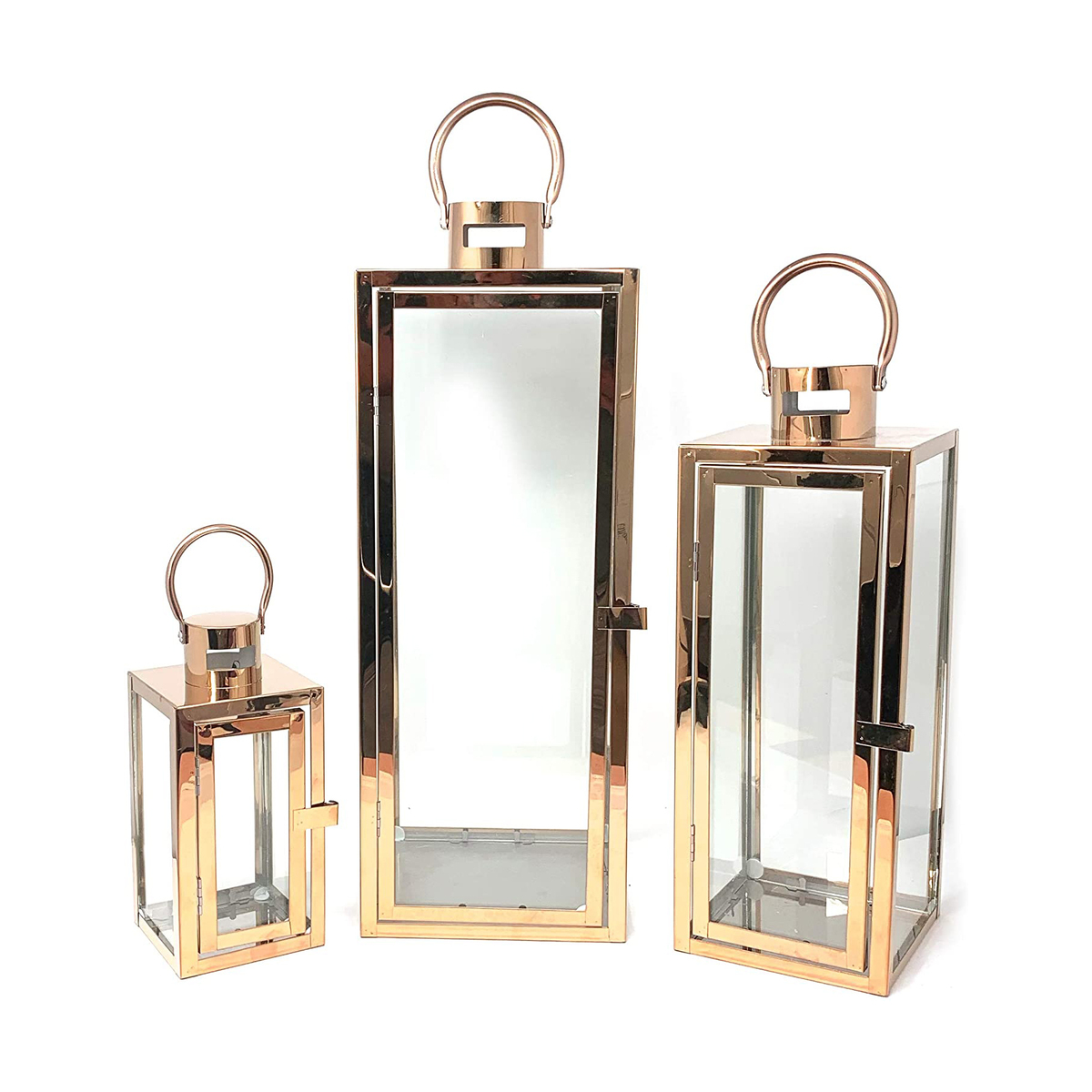 Floor Lantern Set Of 3 Candle Holder Stainless Steel Sq Rose Black 8432