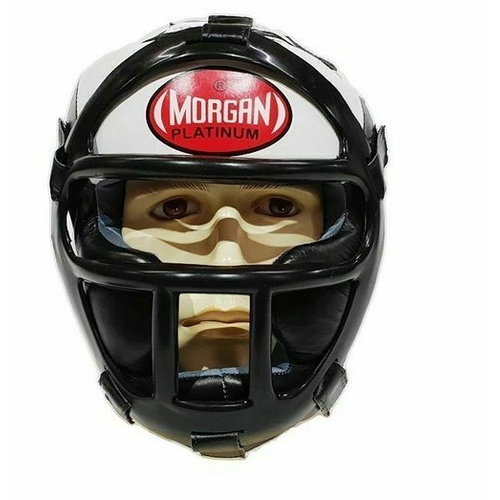 MORGAN Leather Head Guard With Removable Grill[Large Black/White]