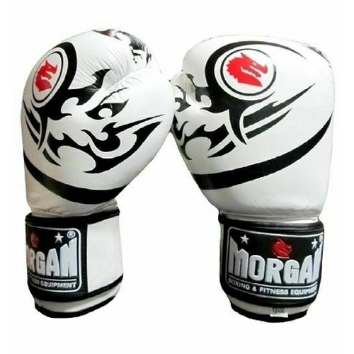 MORGAN Elite Boxing & Muay Thai Leather Gloves (8 -12 & 16Oz) [12Oz White]