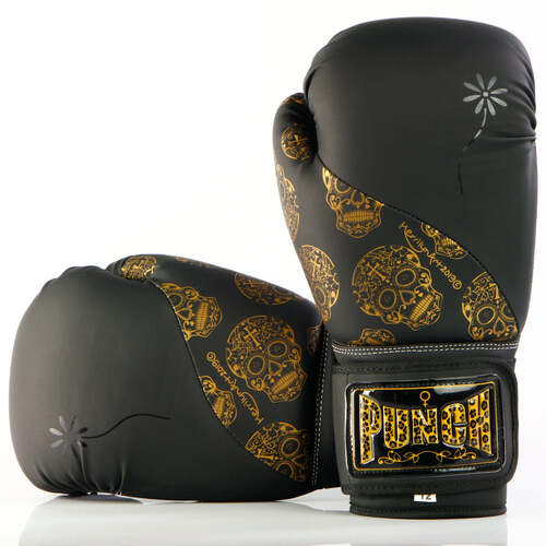 PUNCH BOXING GLOVES-Urban GOLD SKULLS-12oz-BLACK