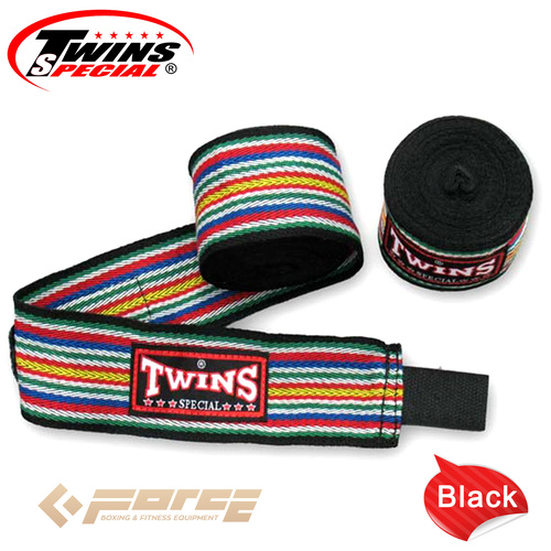 5m TWINS Boxing Cotton Handwraps Rainbow BLACK