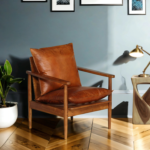 "Vera" Genuine Leather Armchair Acacia Wood Frame